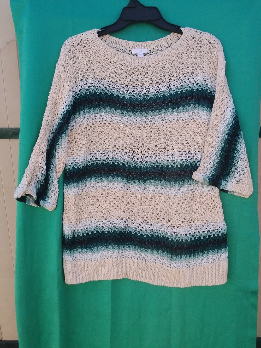 J Jill Sweater Linen Cotton Top Stripe Nautical Beachy Womens XS Open Knit
